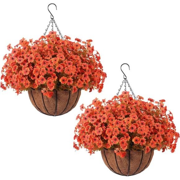 New 24 Pcs Artficial Outdoor Flowers with Hanging Baskets, Orange Fall - Picture 1 of 8